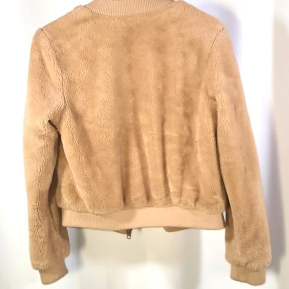 PETITE  Tan Camel Sherpa Teddy Bear Bomber Coat | Size S - Picture 3 of 3
